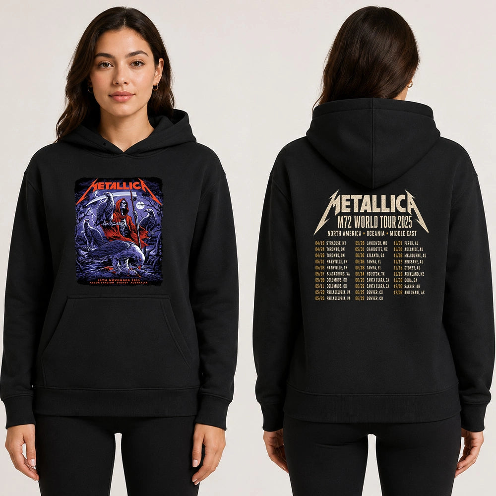 Metallica M72 World Tour November 15 2025 Accor Stadium Sydney Australia 2 side T-shirt by Blair Sayer featuring a hooded skeletal reaper, birds of prey, full moon, lightning, twisted trees and Sydney event text.